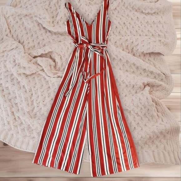 BERSHKA Europe Striped V neck Tie Waist Wide Leg Jumpsuit - Picture 3 of 16